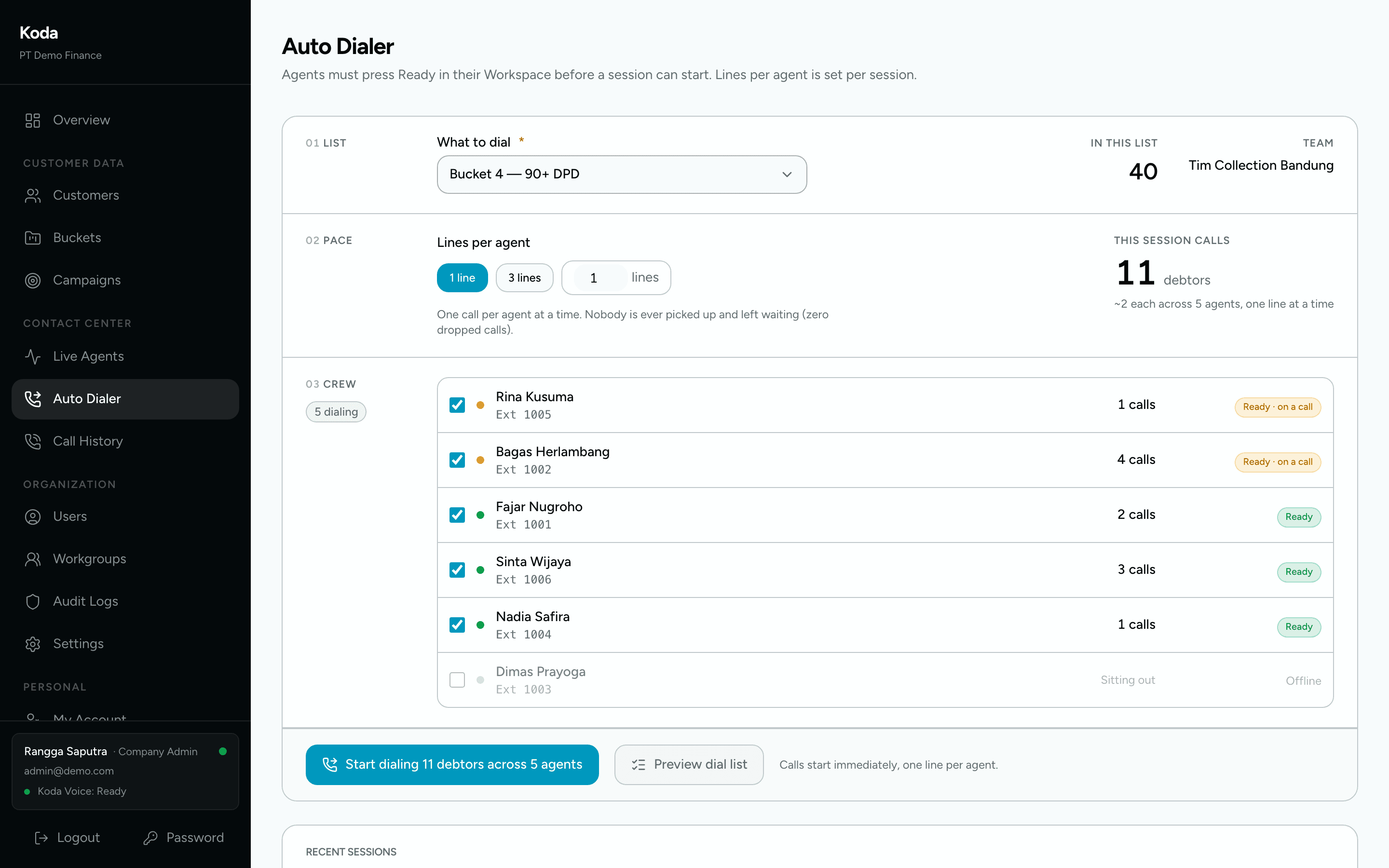 Koda auto dialer configuration showing list, pace, and crew selection