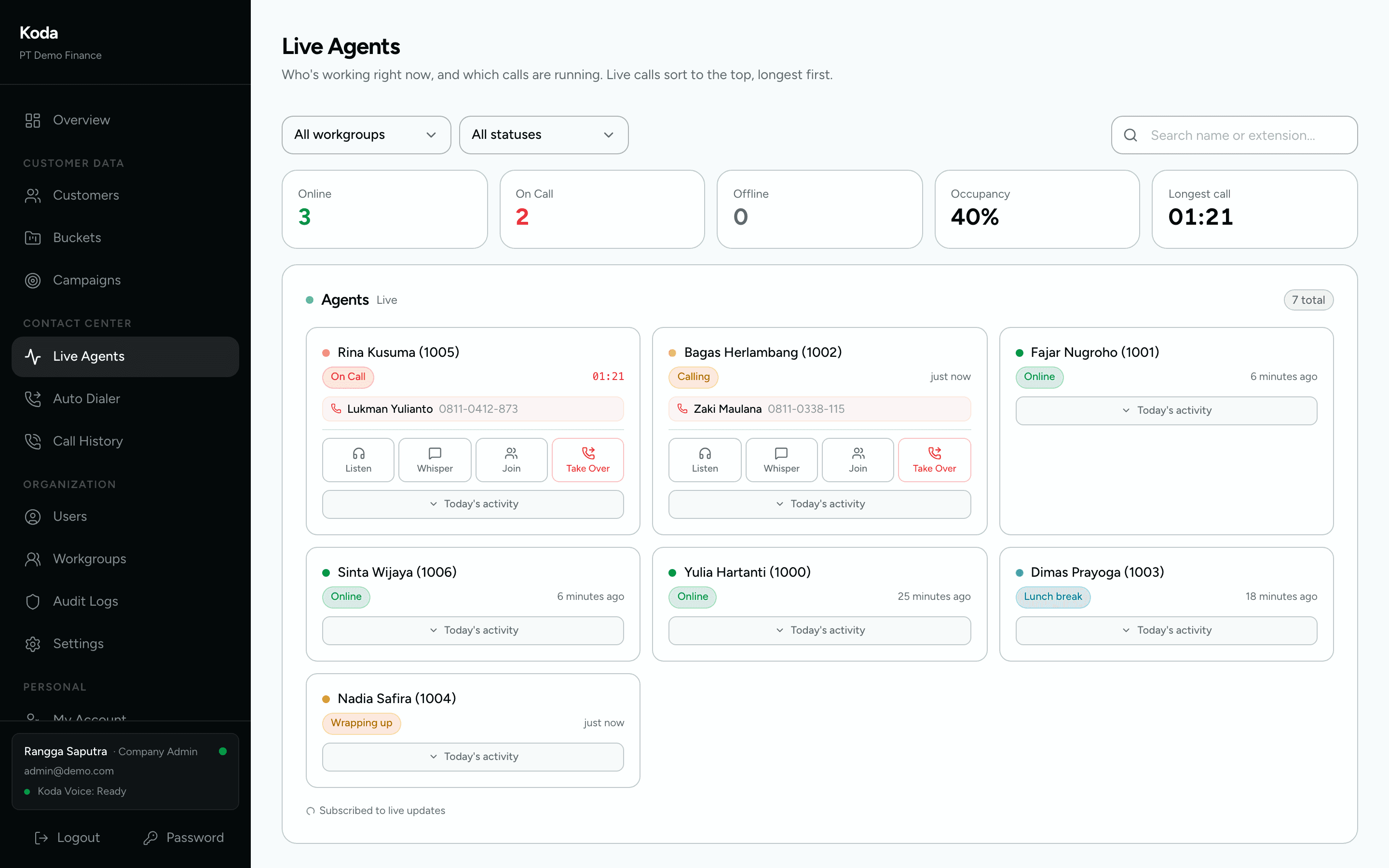 Koda live agents view showing agent status, occupancy, and live call controls