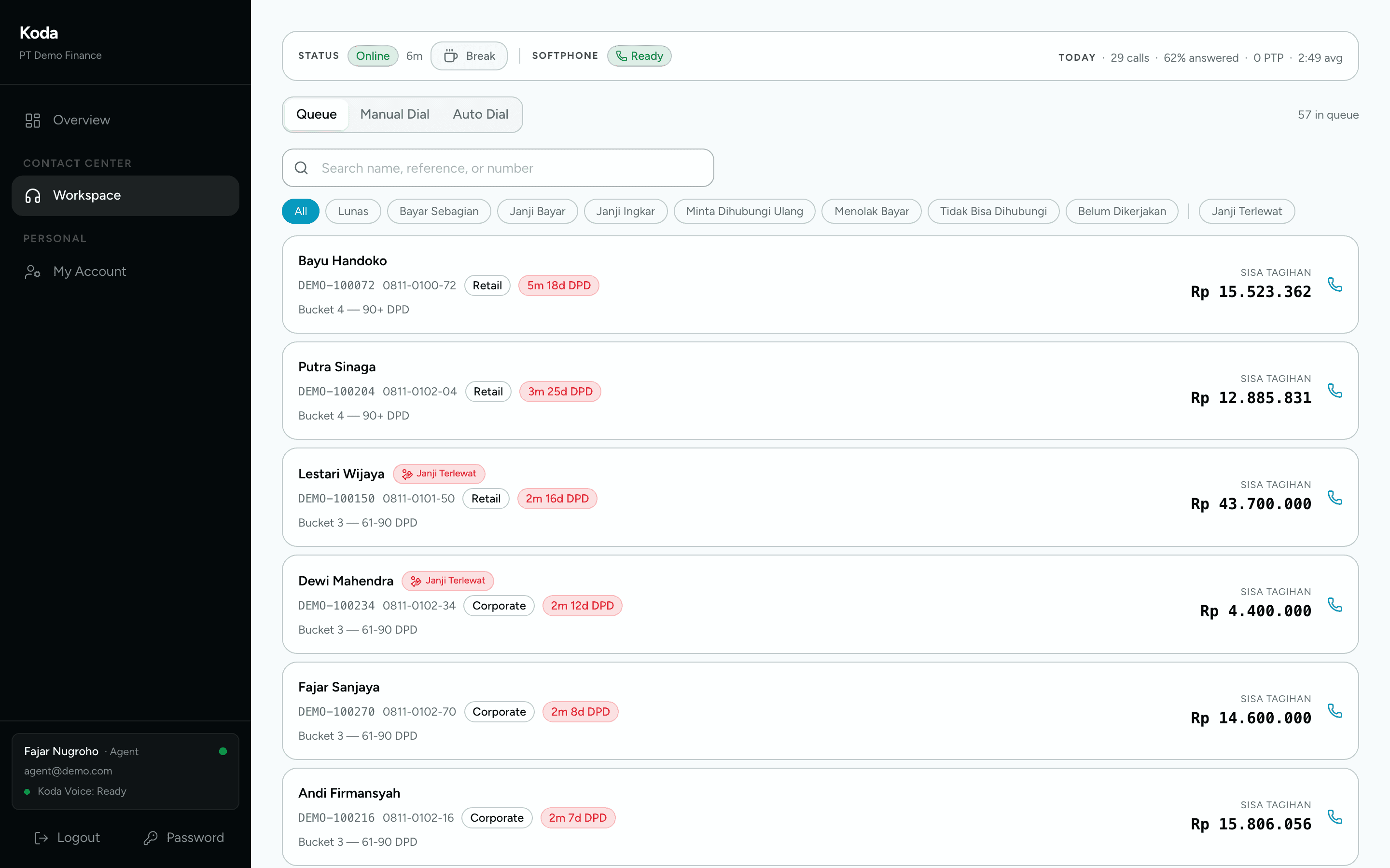 Koda agent workspace showing a queue of debtor accounts with outcome filters